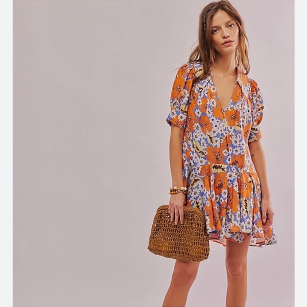 Free People Sugar Crush Floral Babydoll Mini Dress - Cobalt Combo Medium - Picture 2 of 8